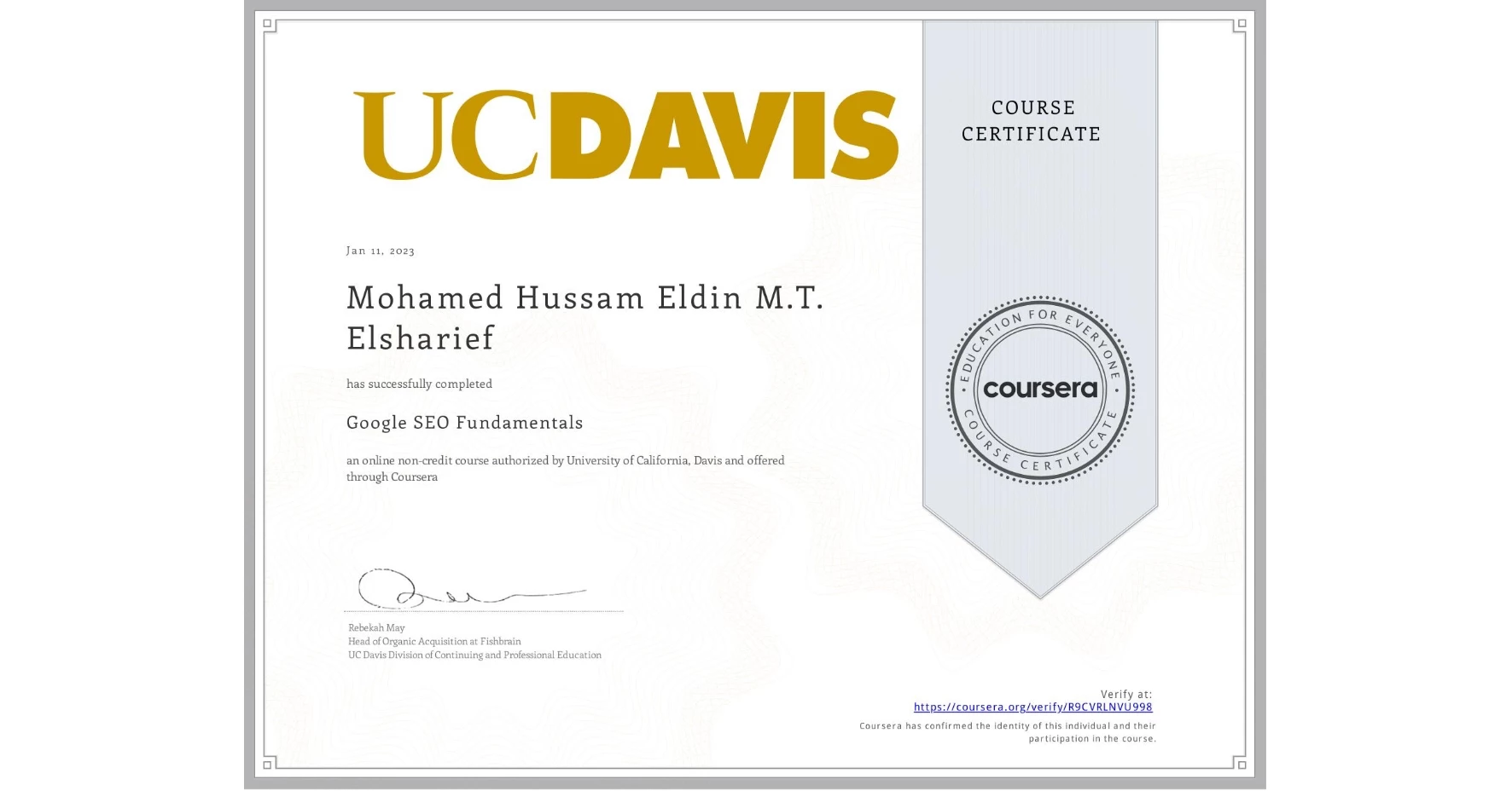 MohamedSharief's UCDAVIS Certificate